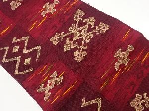 手織り真綿紬紐通しに抽象花唐草模様織出し名古屋帯